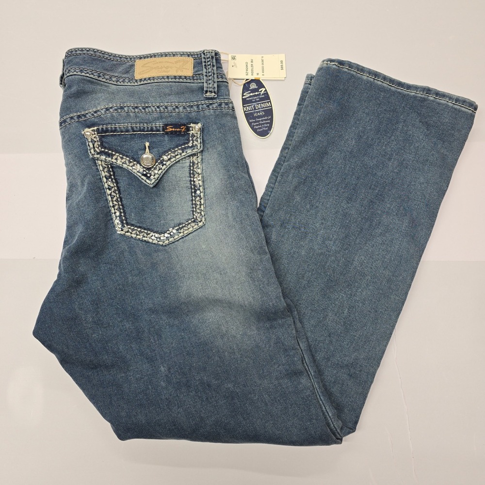 NWT Seven 7 Luxe Slim Boot Knit‎ Denim Jeans Women's Size 16 Embellished Pockets